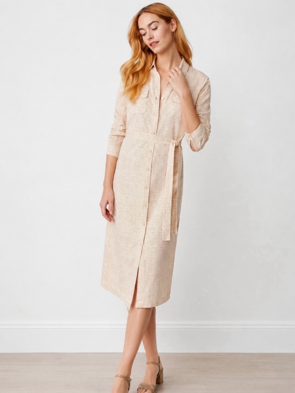 Women’s Beige Shirt Dress with Tie Waist